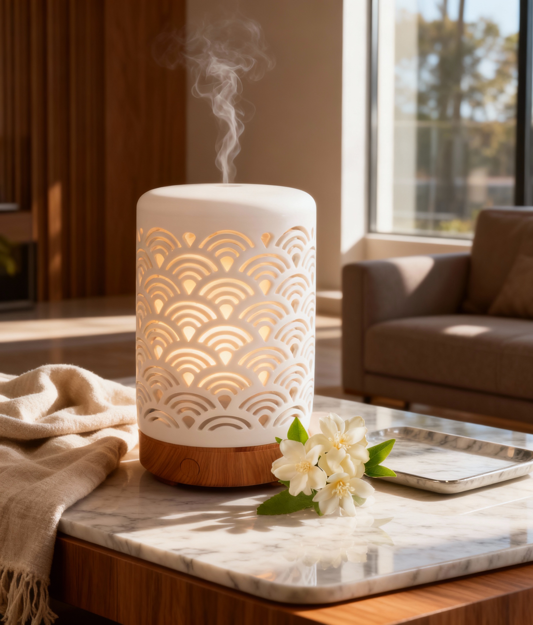 Diffuseur Glovios en céramique blanc avec base en bois